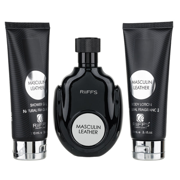 Nusuk Set Cadou Masculin Leather | Apa de Parfum 100ml + Gel De Dus 100ml + Lotiune de Corp 100ml | Parfum pentru El