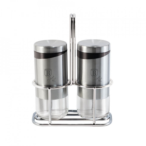 Set 2 recipiente pentru sare si piper 120 ml si suport din otel inoxidabil Spiceholders Berlinger Haus BH 1993