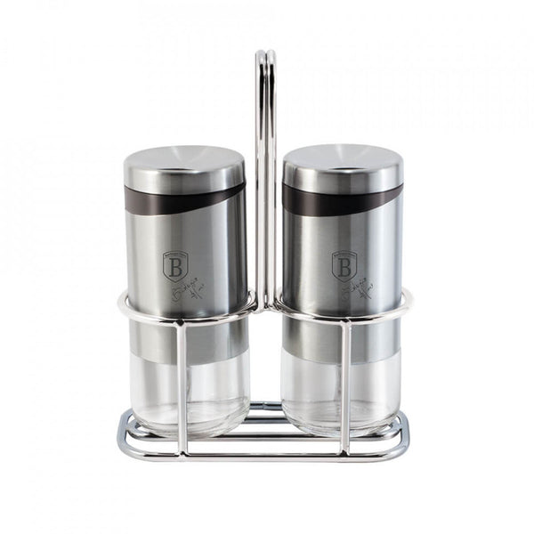 Set 2 recipiente pentru sare si piper 120 ml si suport din otel inoxidabil Spiceholders Berlinger Haus BH 1993