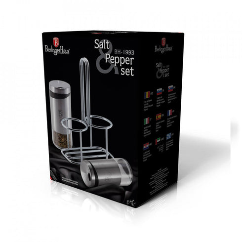 Set 2 recipiente pentru sare si piper 120 ml si suport din otel inoxidabil Black Rose Collection Berlinger Haus BH 1994