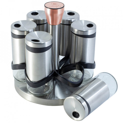 Set 6 recipiente pentru condimente 120 ml si suport rotativ din otel inoxidabil Spiceholders Berlinger Haus BH 1992