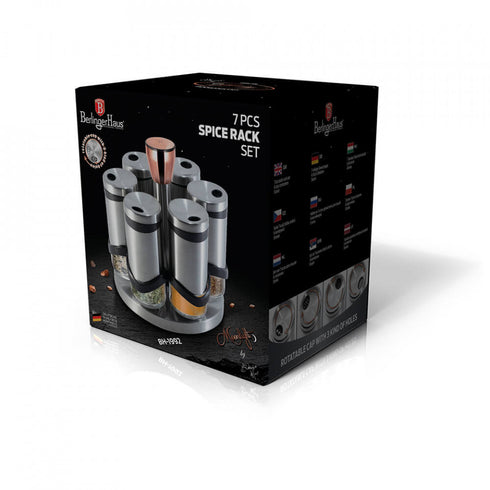Set 6 recipiente pentru condimente 120 ml si suport rotativ din otel inoxidabil Spiceholders Berlinger Haus BH 1992