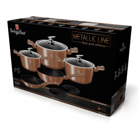 Set oale si tigai marmorate (10 piese) din aluminiu forjat Rose Gold (Cupru) Metalic Line Berlinger Haus BH 1220N