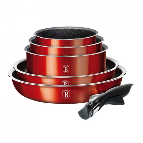 Set oale si tigai marmorate cu maner detasabil (12 piese) din aluminiu forjat Burgundy Metalic Line Berlinger Haus BH 1674
