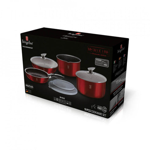 Set oale si tigai marmorate cu maner detasabil (9 piese) din aluminiu forjat Burgundy Metalic Line Berlinger Haus BH 6145
